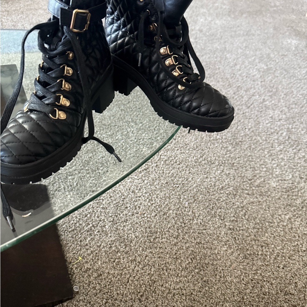 Black Lace-Up Boots with Quilted Design
